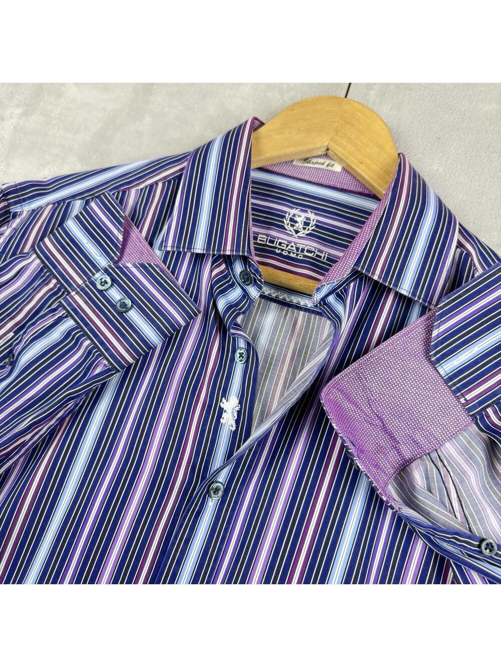 Bugatchi Uomo Shirt Mens Shaped Fit M Purple Stripe Button Up Dress Shirt Luxury